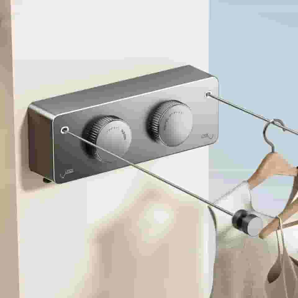 Varal Retratil de Parede Aço Inoxidável Corda Varal de Roupa Ajustável Até 4.2 m Varal Retratil de Parede Recolhível À Prova D'água e Antiferrugem Com Duas Linhas Cinza