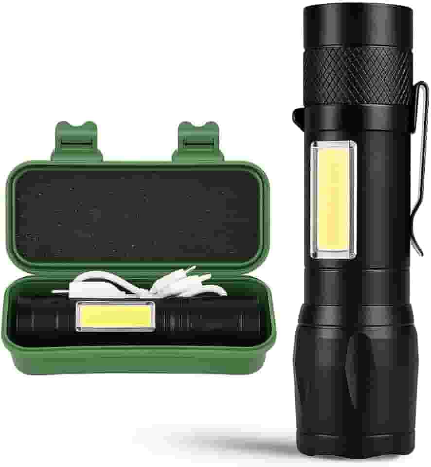 Lanterna Tática LED Recarregável USB – Super Potente, Zoom Ajustável, 3 Modos + COB Lateral, Resistente à Água – Ideal para Camping, Trilhas, Pesca, Emergências e Uso Profissional