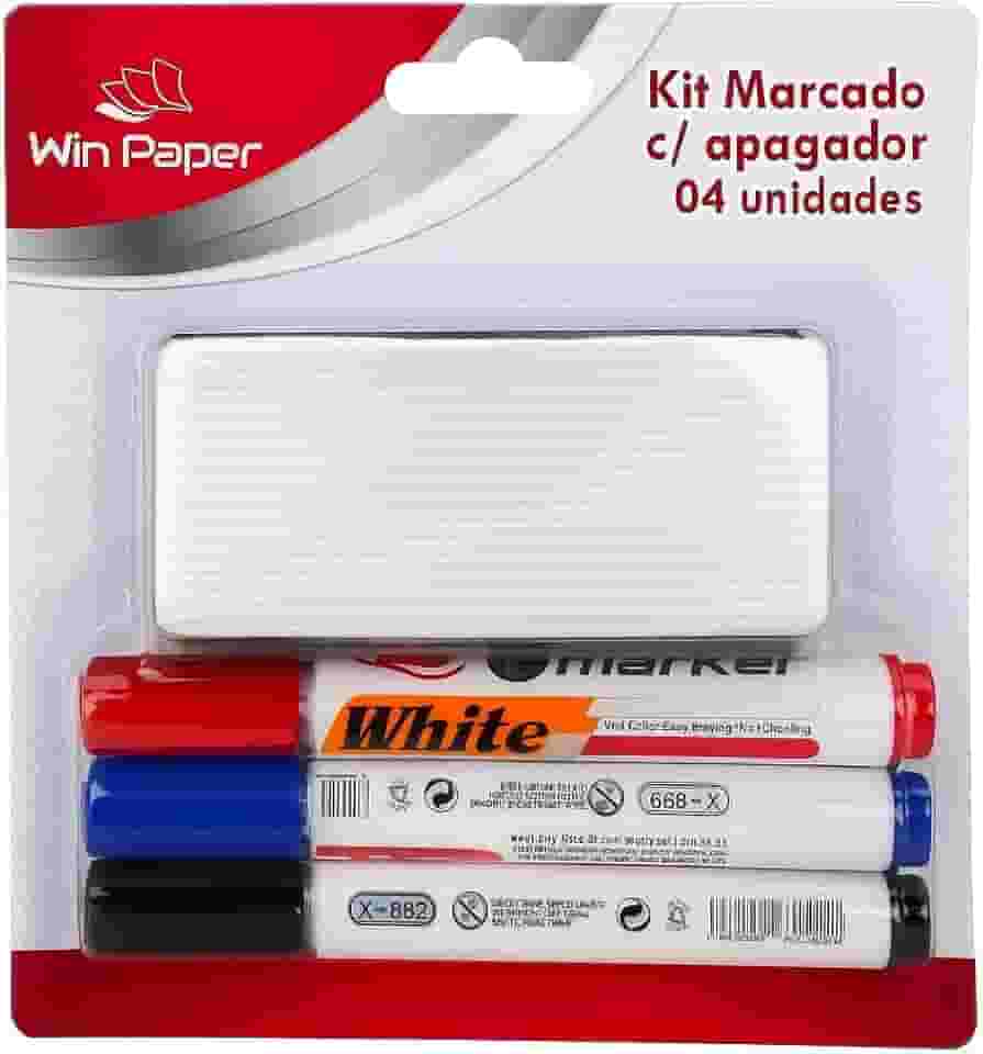 Kit 3 Marcadores de Quadro Branco + Apagador – Cores Clássicas, Ponta Resistente e Apaga Fácil