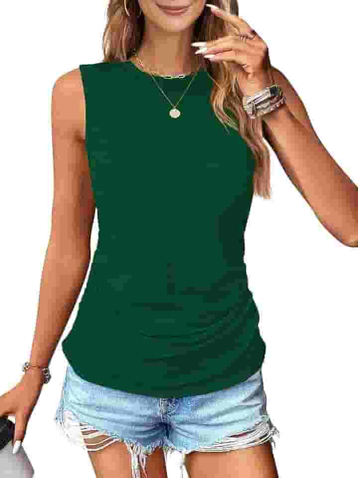 Camiseta feminina de verão sem mangas, gola redonda, tecido canelado, elástico, solto, macio, casual, básica, versátil