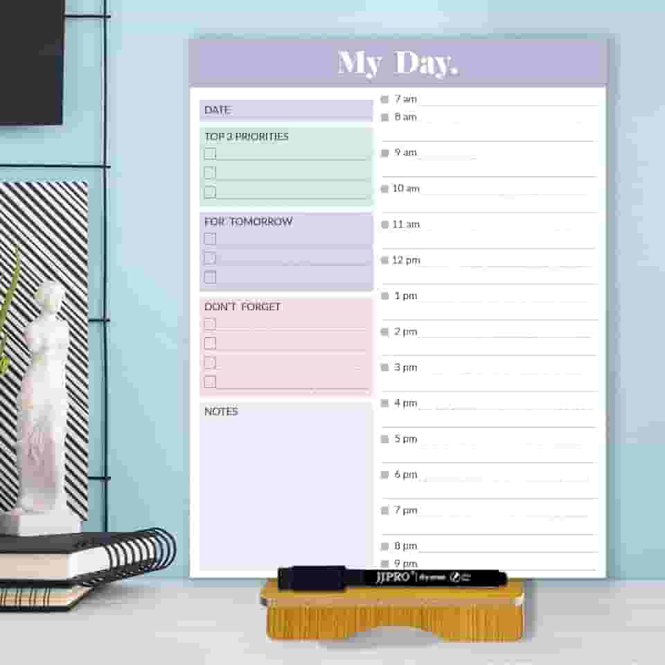 JJPRO Planejador diário de mesa reutilizável com suporte, quadro de apagar a seco a cada hora, quadro de programação de 28 x 21 cm, cronograma de apagamento a seco com intervalos de tempo, quadro de