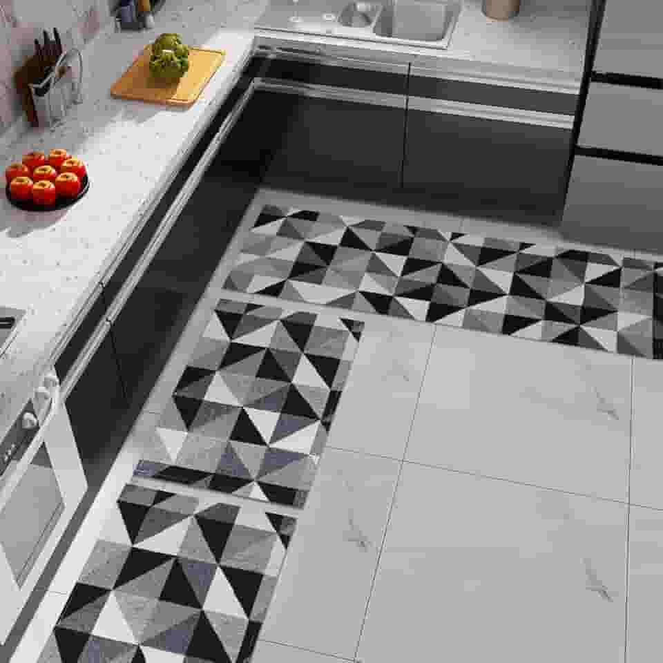 Tapete Kit de Cozinha Antiderrapante 3 Peças Mesclado Geométrico Conjunto Passadeira 1,30m x 45cm Capacho 65cm x 45cm Jogo Artesanal Cru Caramelo Preto (Mosaico)