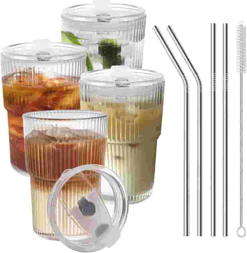 Copos de café gelado com tampas e canudos, 4 peças, conjunto de copos inquebráveis de 473 ml, copos de plástico transparente, copo de café gelado reutilizável com tampa e canudo, para levar
