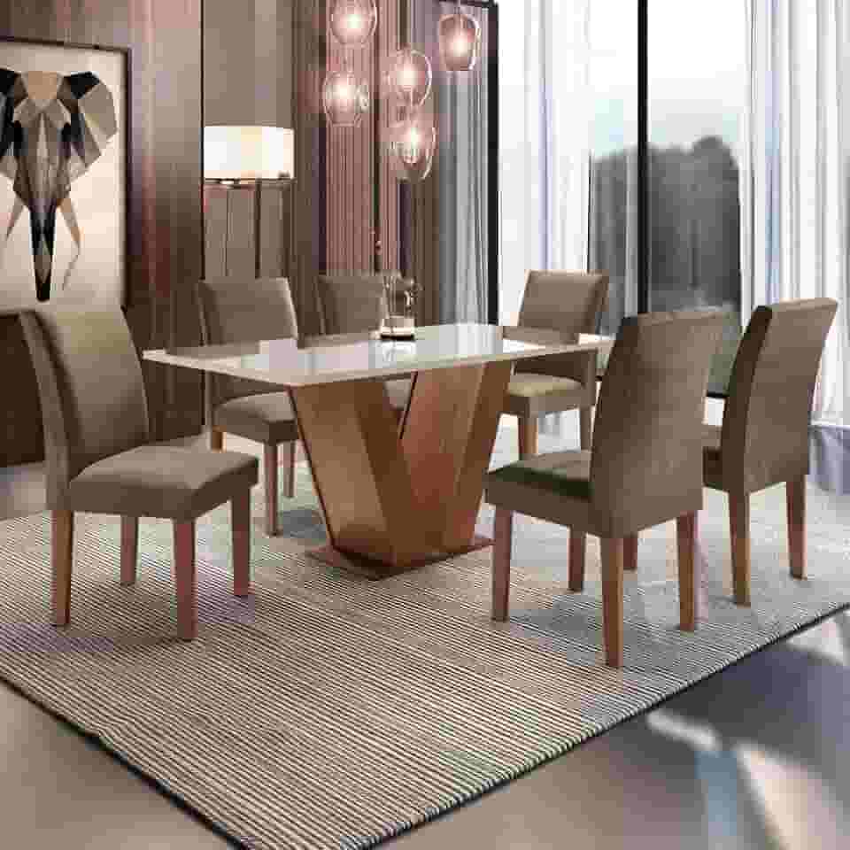 Conjunto Sala de Jantar Mesa Tampo de Vidro 6 Cadeiras Espanha Espresso Móveis Chocolate