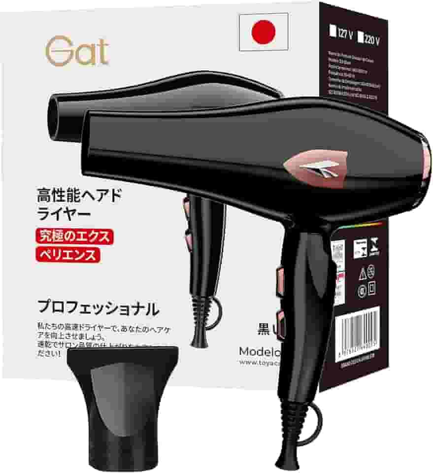 Gat Secador de Cabelo Profissional 1800W – Potente Motor Turbo, Rápida Secagem, Controle de Temperatura, Compacto e Portátil Ideal para Viagem e Uso Doméstico (Preto, 220V)