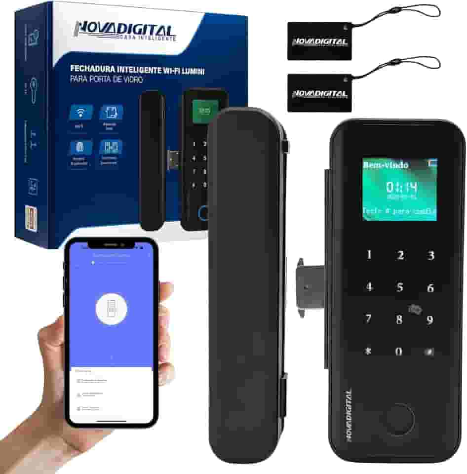 Fechadura Inteligente Wi-Fi para Porta de Vidro SL-Lumi Novadigital, Preto, com Biometria e Cartão NFC, Instalação Sobrepor, Tuya Smart e Smart Life