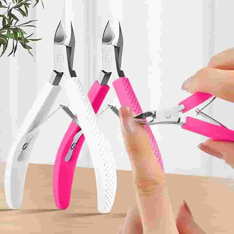 Alicate e cortador de cutículas branco/rosa, 2 peças com alça de silicone, ferramenta de remoção de aço inoxidável para cuidados com as unhas, itens essenciais para manicure e pedicure