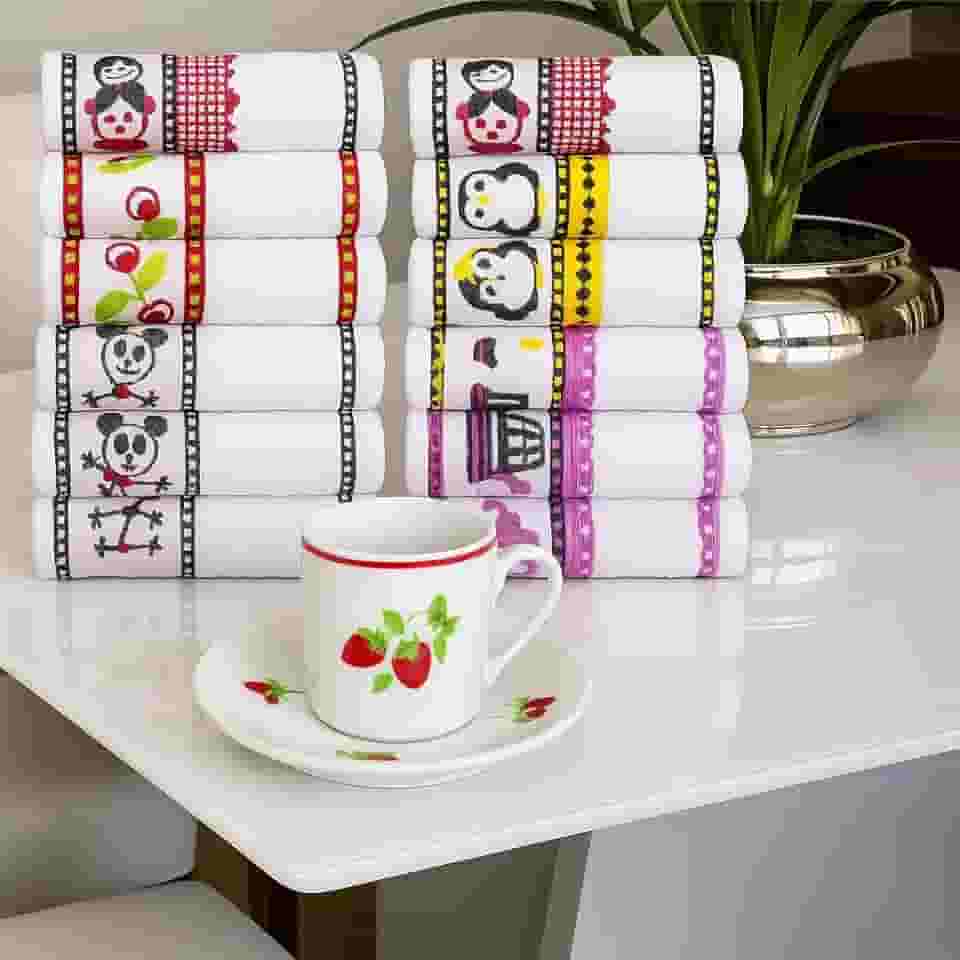 Kit 05 Panos De Prato Atoalhado Bordado Felpudo Pano de Copa Cozinha Guardanapo Louça Gourmet Luxo Estampado em 100% Algodão 49x65cm