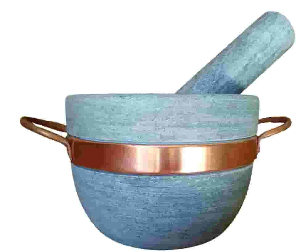 Pilão Cumbuca De Pedra Sabão Resistente Com Alça De Cobre