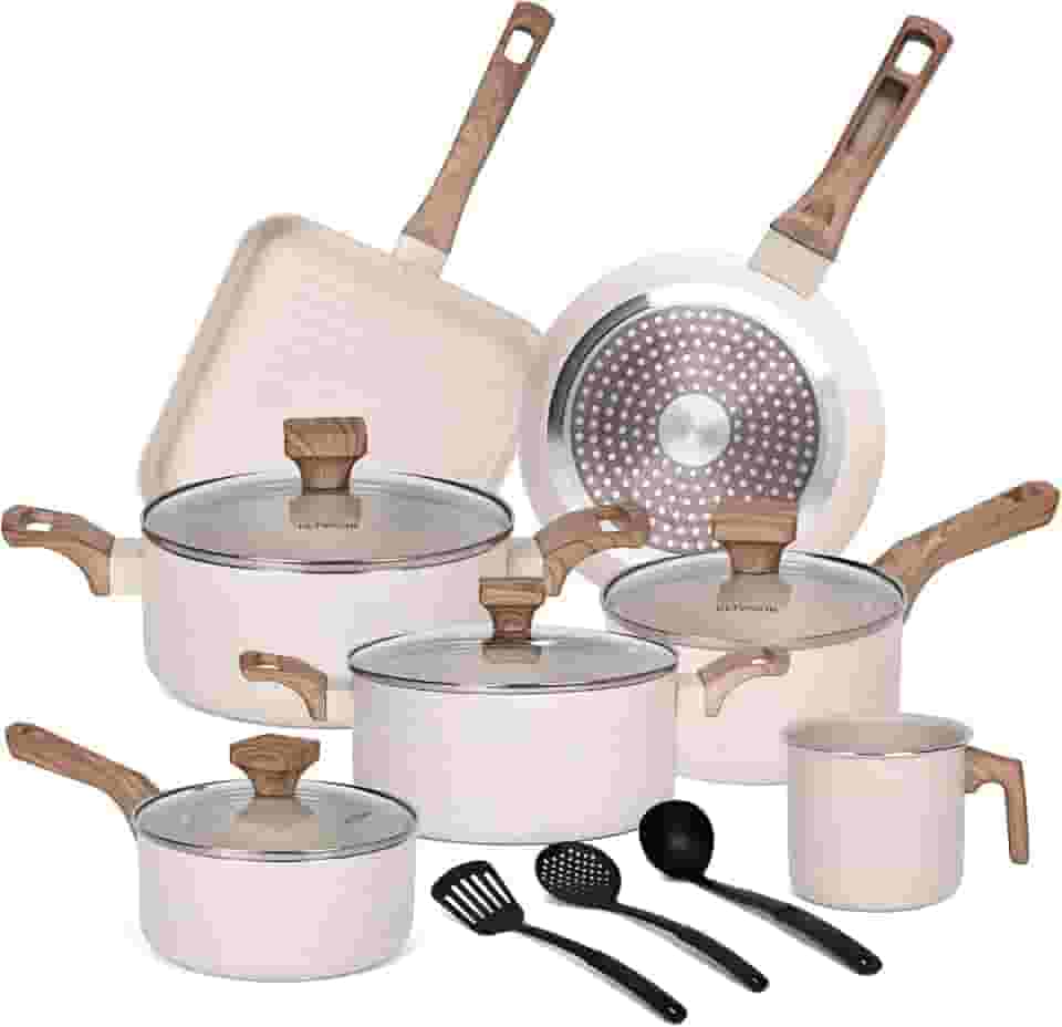 Jogo de Panelas 10 Peças Indução Cerâmica Antiaderente, Adequado para Fogão a Indução, Gás, Elétrico e Vitrocerâmico, Durável Lindas e Qualidade, Baunilha