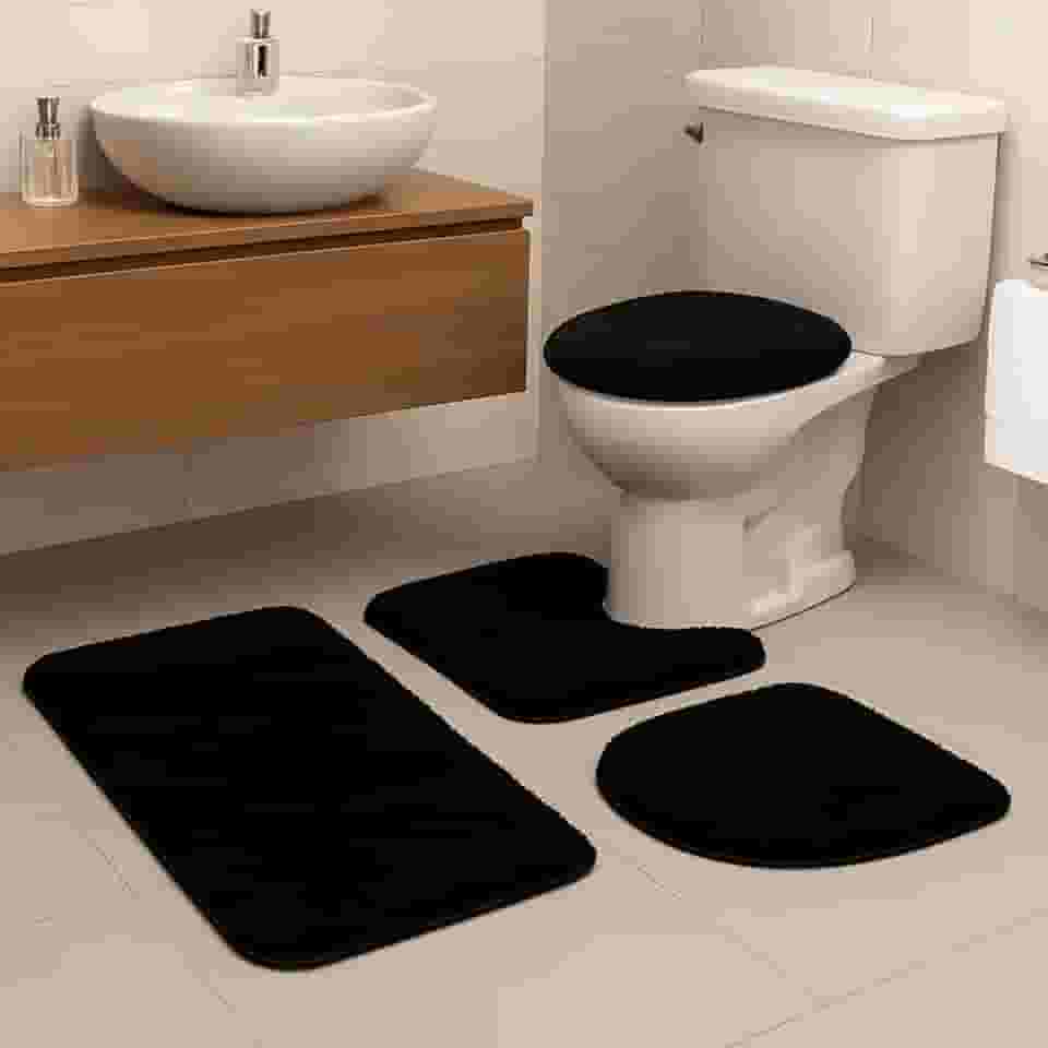 Jogo De Tapete Para Banheiro 3 Peças Antiderrapante Algodão (Preto)