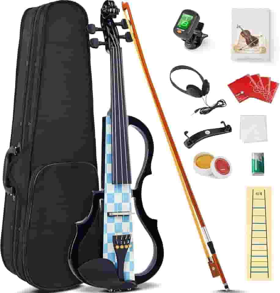 VEDO Violino Elétrico, Conjunto de Violino Elétrico Silencioso 4/4, Violino de Madeira Maciça e Metal, com Acessórios em Ébano, Kit para Iniciantes Adultos e Adolescentes (Xadrez Azul e Branco)