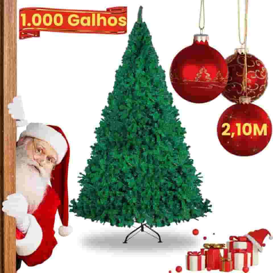 Árvore de Natal Premium 2,10m Pinheiro Articulado com 1000 Galhos Cheios Base Metálica Reforçada Montagem Rápida Decoração Natalina Luxuosa