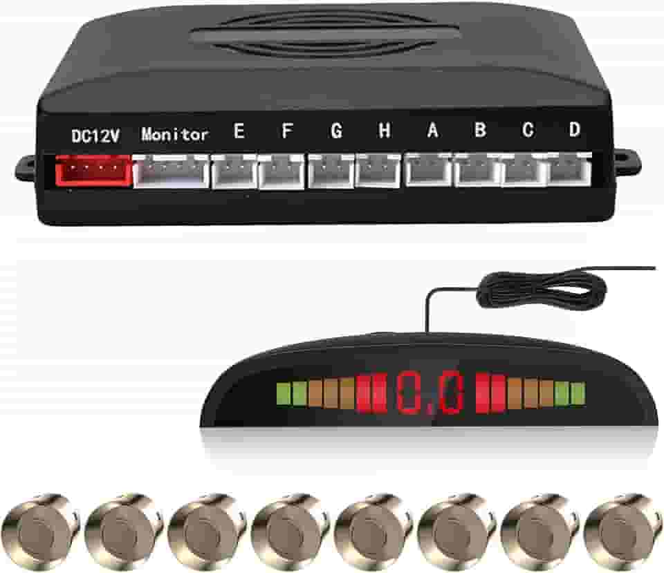 EKYLIN Sistema de radar de estacionamento reverso com 8 sensores de estacionamento, detecção de distância + monitor de distância de LED + aviso de som (cor dourada champanhe)