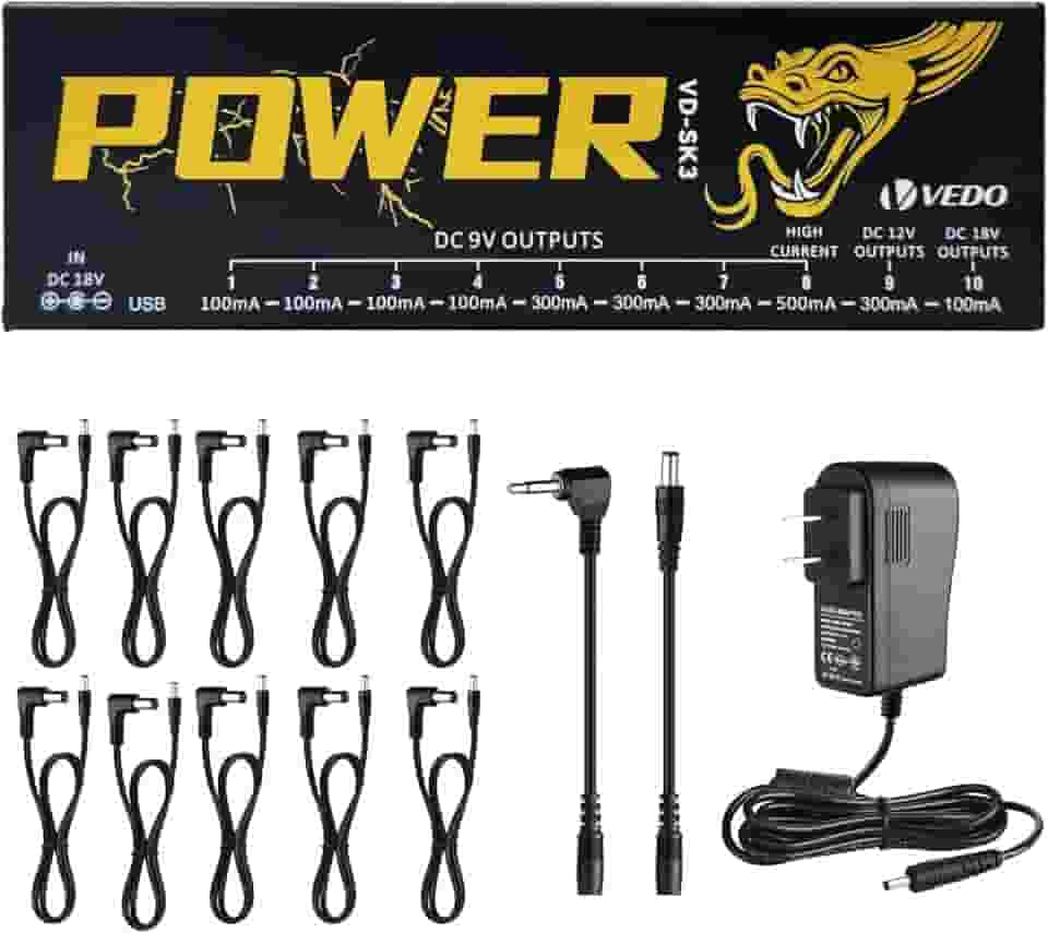 VEDO VD-SK3 Fonte de Alimentação para Pedal de Efeito de Guitarra com 10 Saídas Isoladas (9V, 12V, 18V) Proteção contra Curto-Circuito e Sobrecorrente - Fonte Estável para Pedais de Guitarra 110V-240V