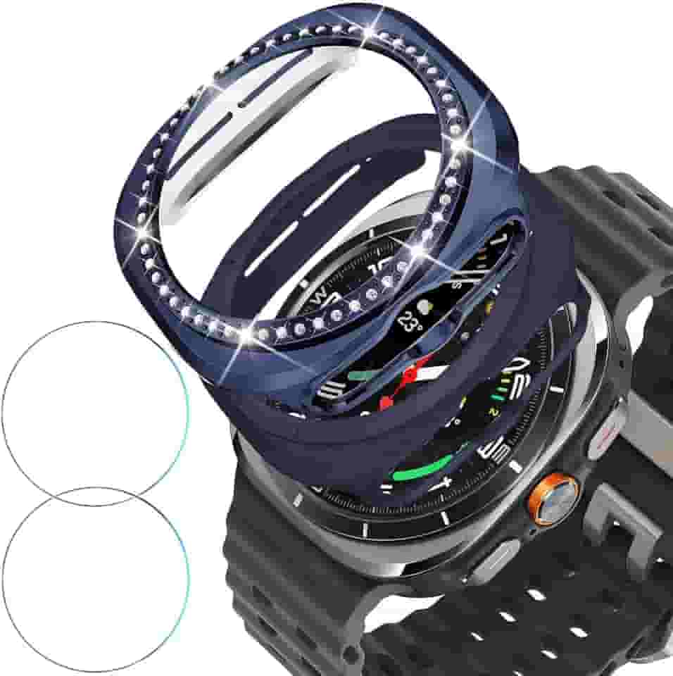 DEALELE [Pacote com 2 + 2 capas de vidro temperado compatível com Samsung Galaxy Watch 7 Ultra 47 mm, Bling Diamond + capa protetora fosca de PC + protetor de tela de vidro temperado, azul + azul