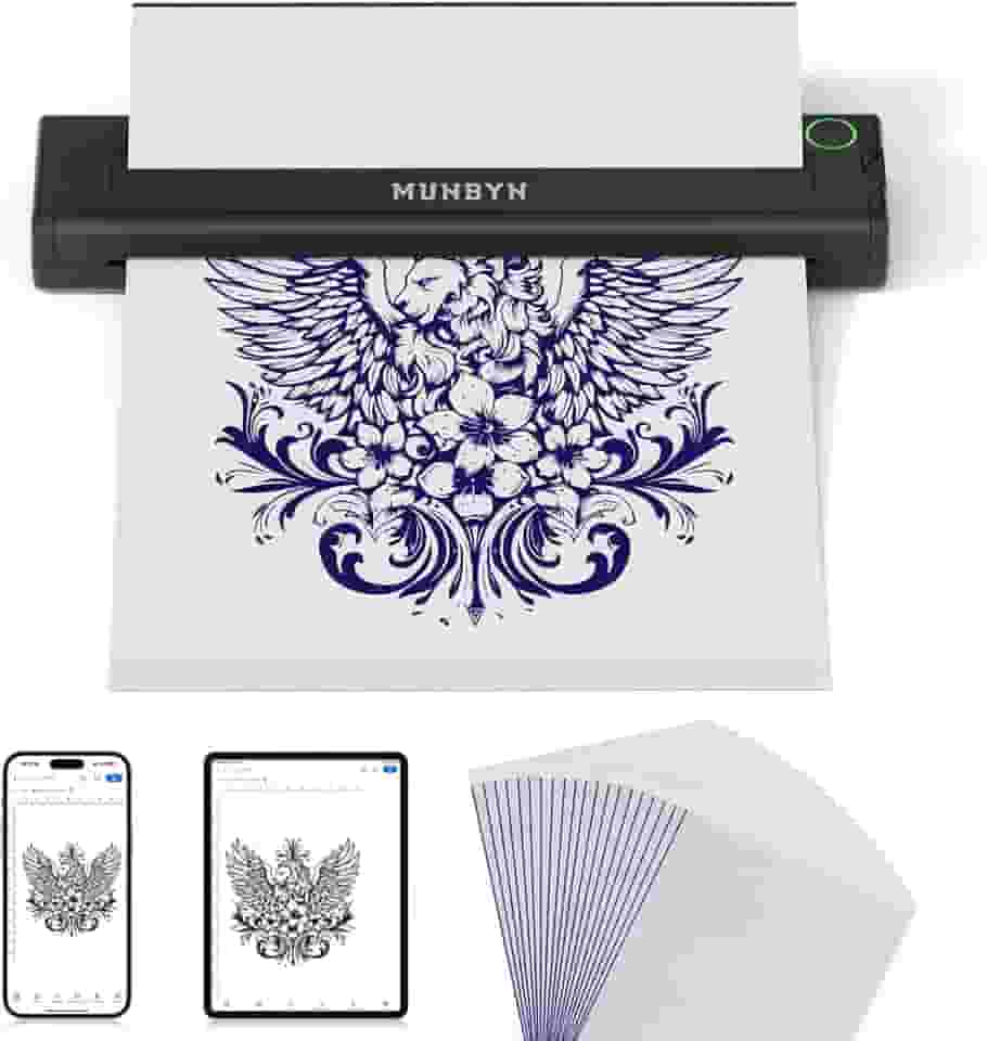 MUNBYN Impressora de estêncil de tatuagem ITP05, impressora de tatuagem térmica sem fio com 20 papéis de transferência, compatível com telefone/tablet e PC Android e iOS, impressoras de tatuagem para