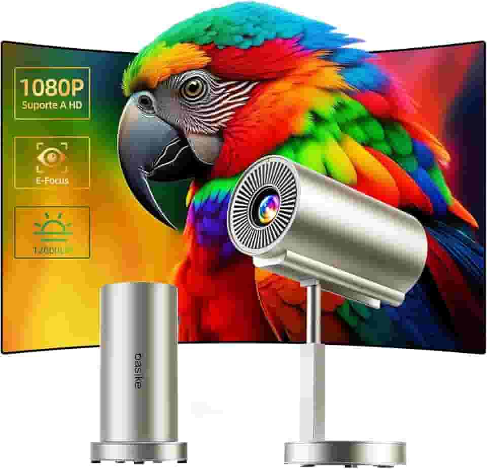 Basike Mini Projetor Portatil, 4K 1080P Full HD, 5G WIFI 6 BT 5.0 Android 11, 12000 Lumens, Led Auto de Correcção Trapezóide Horizontal, 90°Girável Ajuste Telescópico de Altura (Ouro Champagen)