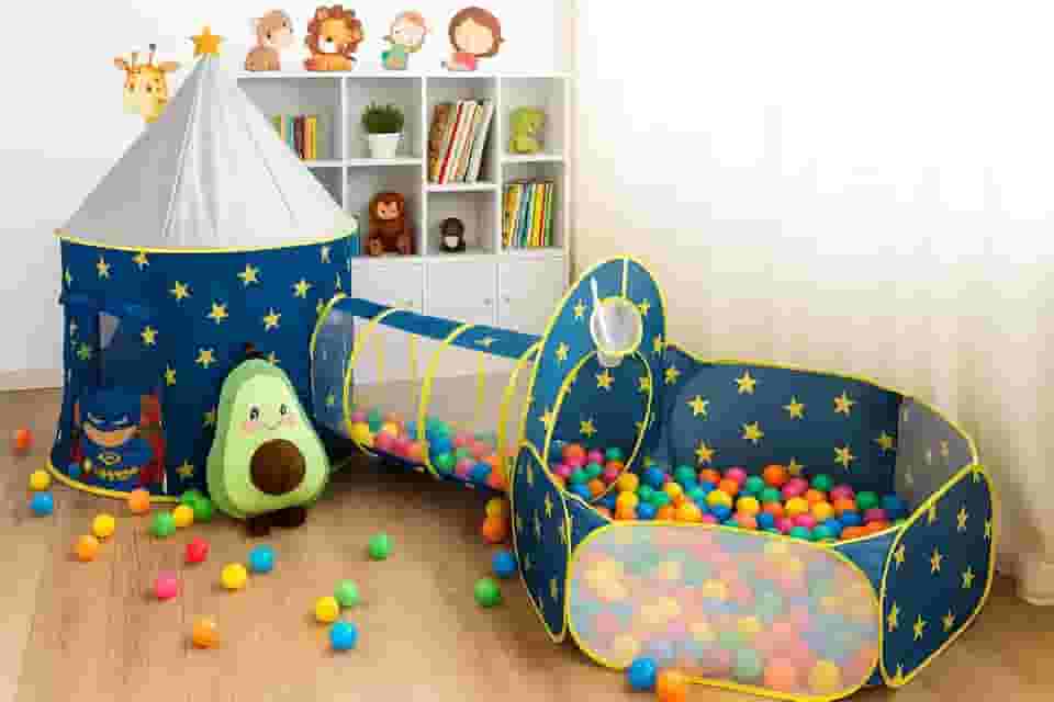 Barraca Infantil 3 em 1 com Túnel e Piscina de Bolinhas | Tenda Dobrável para Crianças Menino e Menina | Diversão e Aprendizado em Casa ou ao Ar Livre (Azul Foguete)