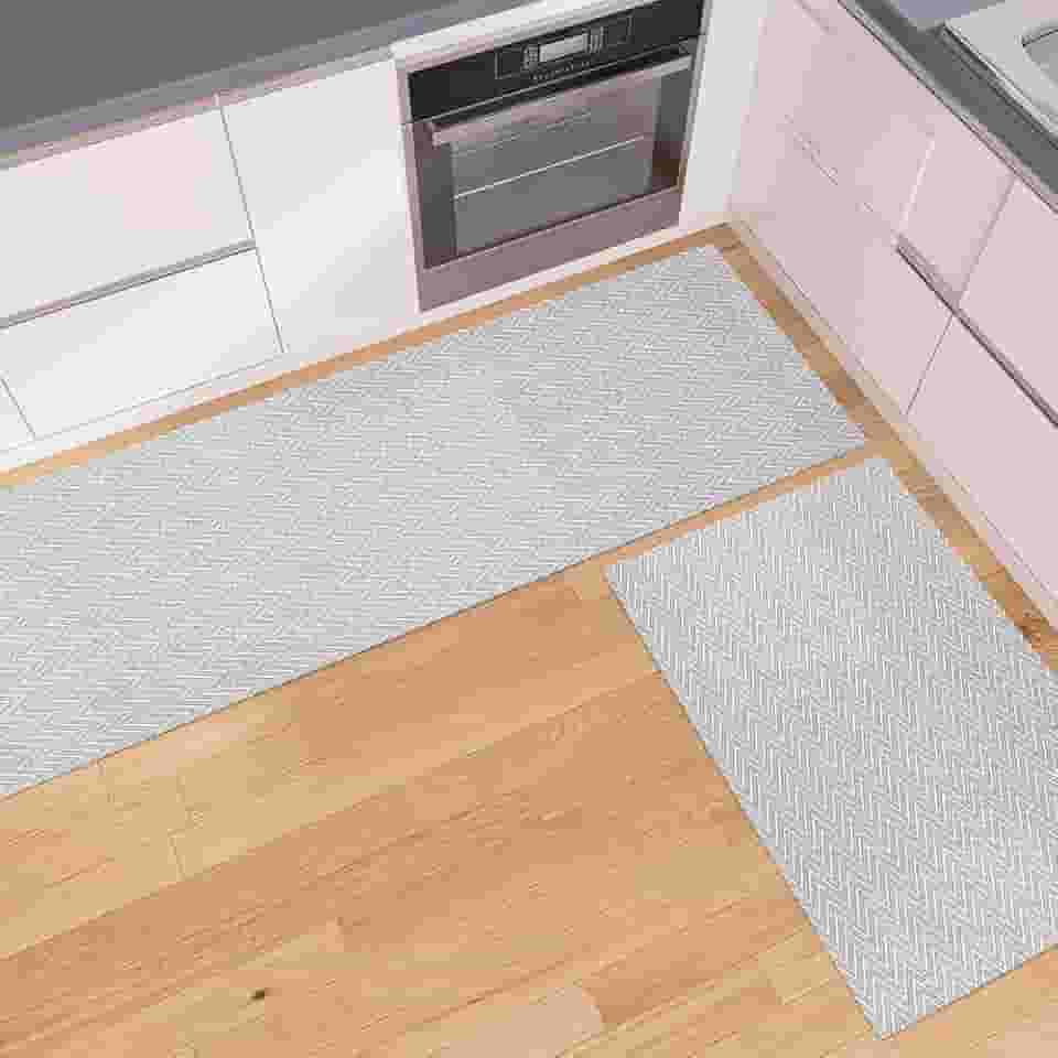 Jogo Tapete Cozinha 2 peças Passadeira Emborrachada 1,30m x 45cm Capacho Antiderrapante 65cm x 45cm Decoração Chevron Rústico Cinza Artesanal 100% Algodão