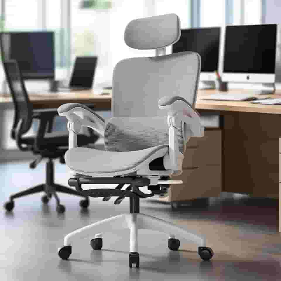 Cadeira de escritório ergonômica reclinável até 145° com apoio para os pés, almofada de ar, cabide e apoio de cabeça ajustável – Gamer e home office (Branco)