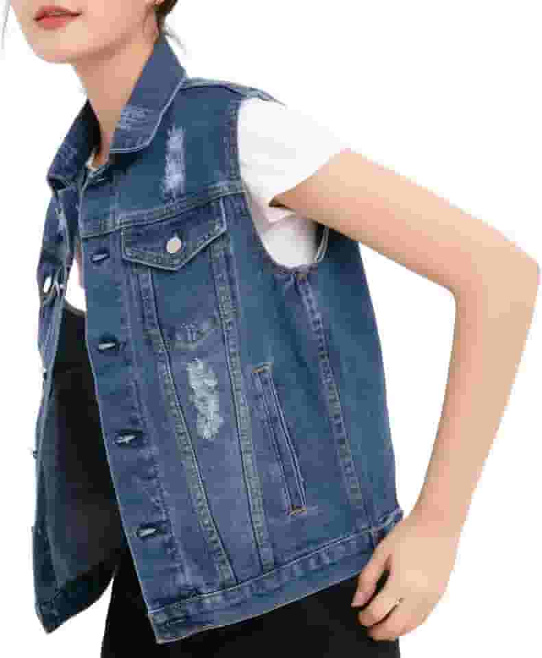 Jaqueta jeans feminina lavada com botões grandes sem mangas