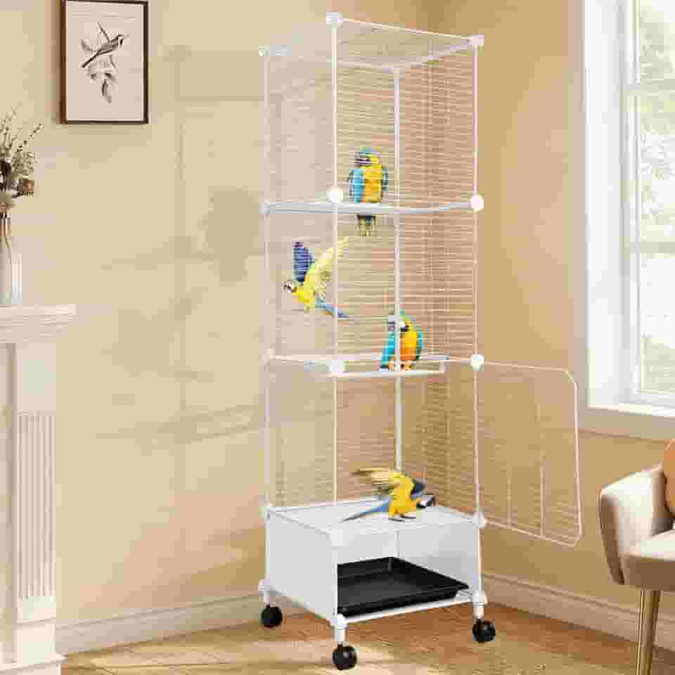 Gaiola para Calopsita, 132 * 37 * 37cm, Viveiro para Papagaio Grande, Gaiola Calopsita, Viveiro para Calopsita com Vara de Pouso, Rodízios Giratórios e Bandeja, Branco