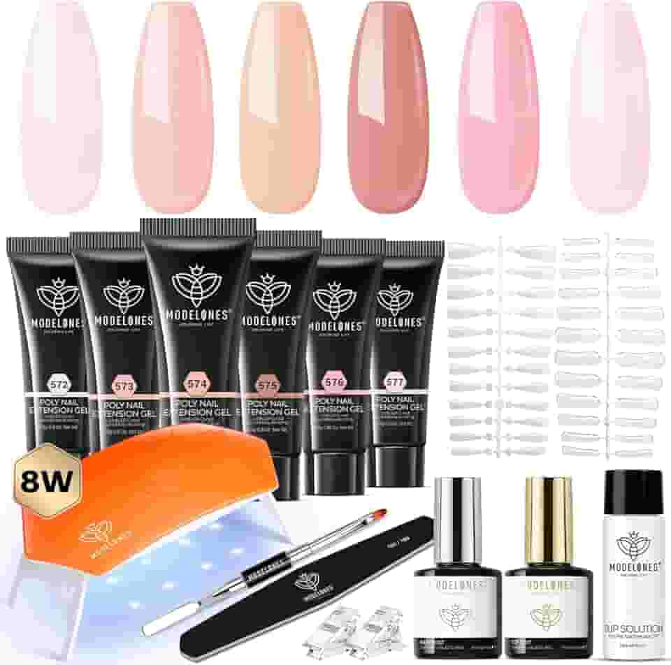 Modelones Kit de Unhas de Gel Poly 6 Cores com Lâmpada de 8 W - Gel Jelly nas Cores Rosa, Branco, Rosa Nude. Ferramentas Completas e Soluções de Espessamento, Ideal para Iniciantes e para Fazer Você Mesmo em Casa.