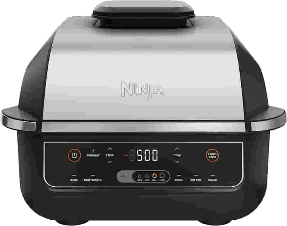 Ninja EG201 Foodi Churrasqueira interna 6 em 1 com fritura ao ar, assar, grelhar e desidratar, 2ª geração, lavável na lava-louças, preto/prata