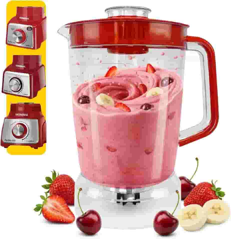 Copo p/Liquidificador Mondial Turbo Inox L-1000 | L-1100 | L-1200 – Acrílico Cristal 1,5 L c/Tampa vermelha Vedante, Peça de Reposição.