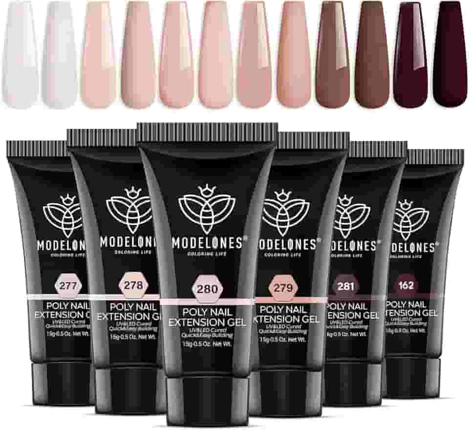 Modelones Gel de unhas de poliéster, 6 cores de tons de pele nude, rosa, neutro, marrom, conjunto de gel de poli extensão, manicure, design faça você mesmo, arte de unhas, salão de beleza, presente de