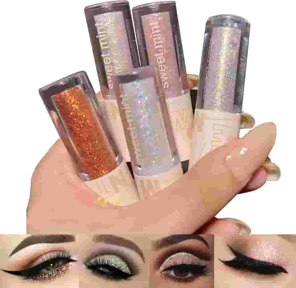 Conjunto de 5 peças de sombras de glitter líquido, maquiagem coreana brilhante metálico de alta pigmentação, longa duração, secagem rápida, cola solta com glitter para maquiagem