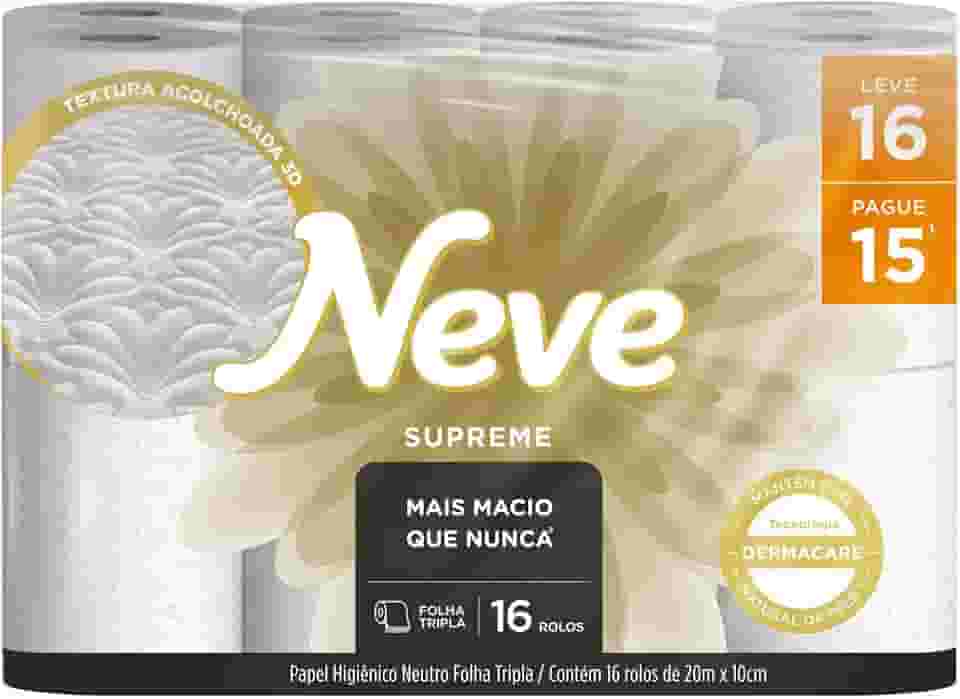 Neve Papel Higiênico Supreme Folha Tripla, 20m, Leve 16 Pague 15 Rolos
