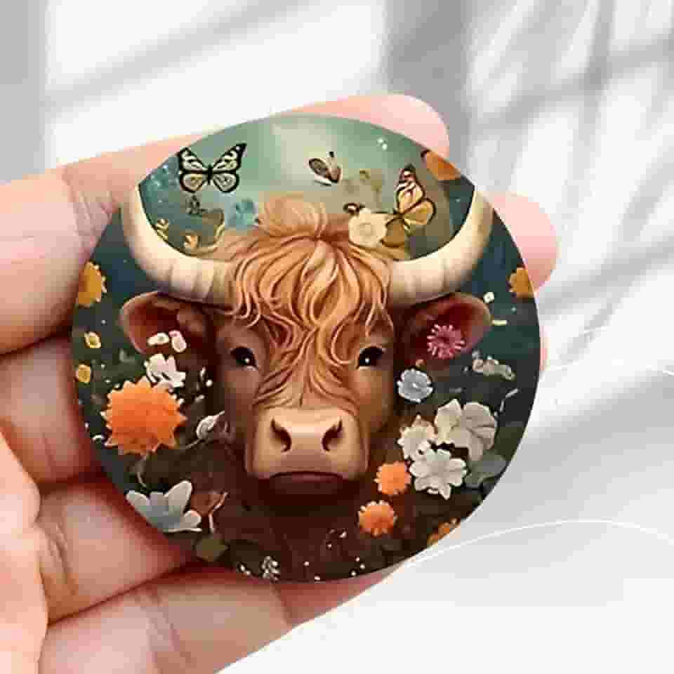Ímã de geladeira vintage Touro com design de borboletas -5,8 cm adesivo de geladeira redondo acrílico decoração retrô presente tamanho perfeito para geladeira, armário ou qualquer superfície magnética
