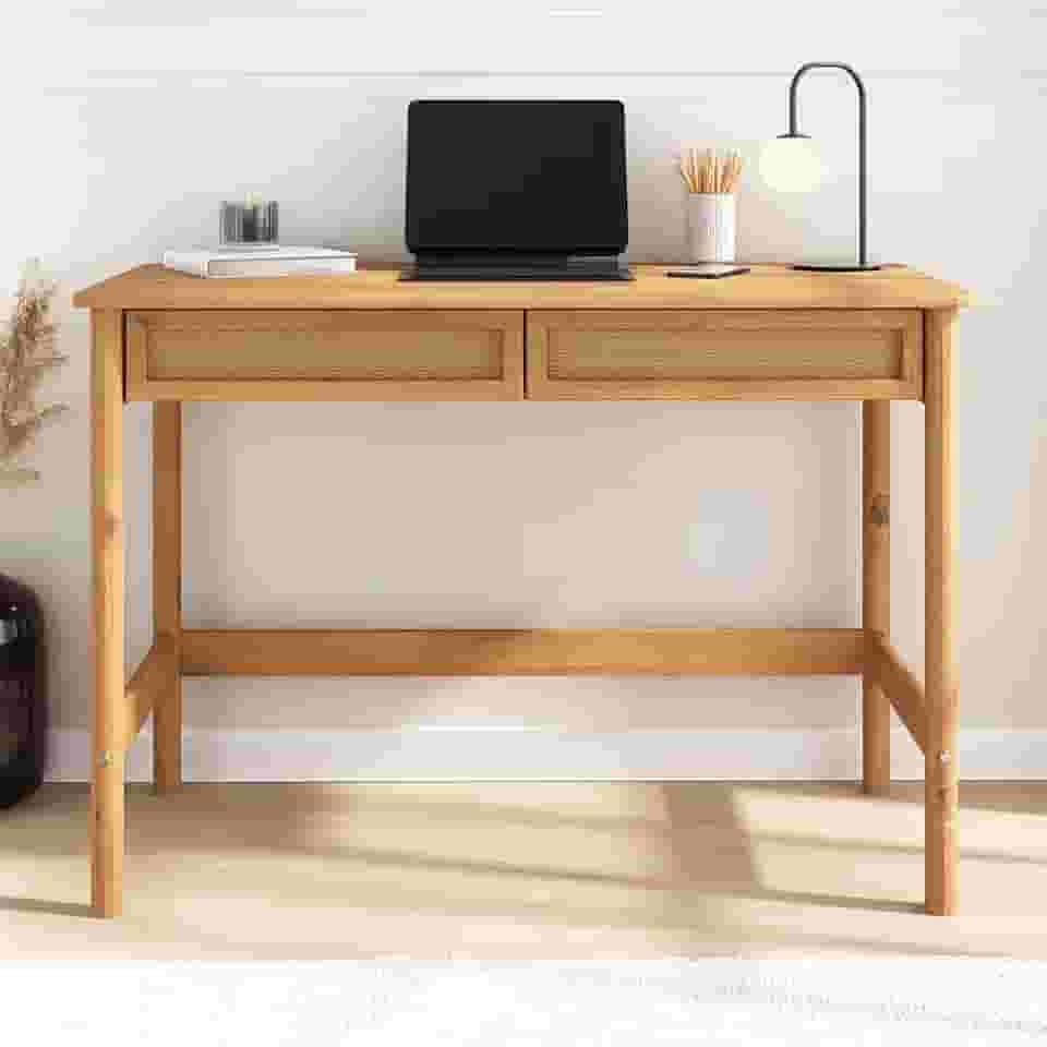 IDIMEX Mesa Escrivaninha com 2 gavetas em Rattan Palha Natural 110 cm Rodrigo cor Freijó Escrivaninha para quarto em madeira com pés Torneados Minimalista