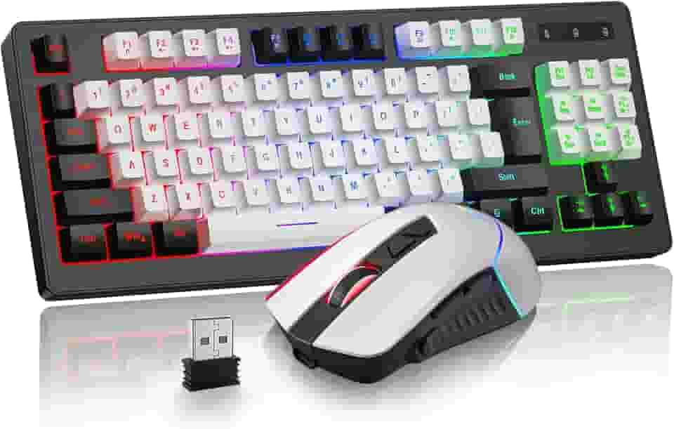 BlueFinger Combo de teclado e mouse para jogos sem fio, bateria recarregável RGB Rainbow retroiluminada, teclado de 87 teclas TKL com mouse ergonômico para jogos para Mac, laptop, PC, gamer (preto e