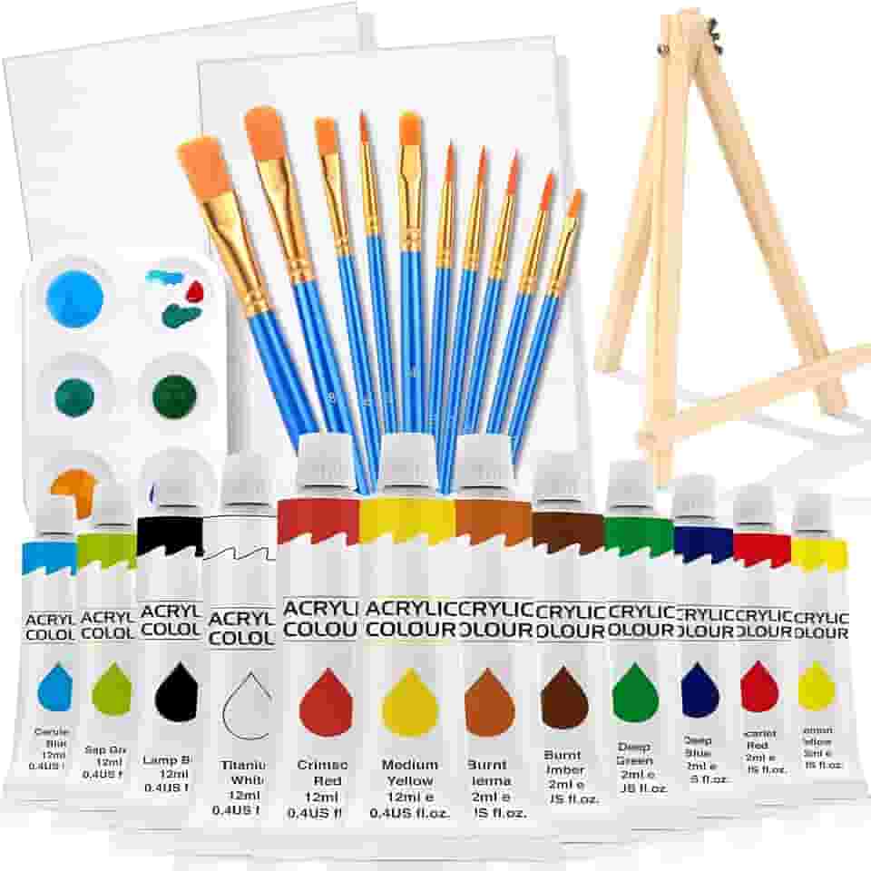 ESRICH Conjunto de 26 peças de tintas acrílicas com tintas acrílicas de 12 cores (12 ml, 11,3 g), 10 pincéis, 2 telas, 1 cavalete de madeira, 1 placa, kits de materiais de pintura para crianças,