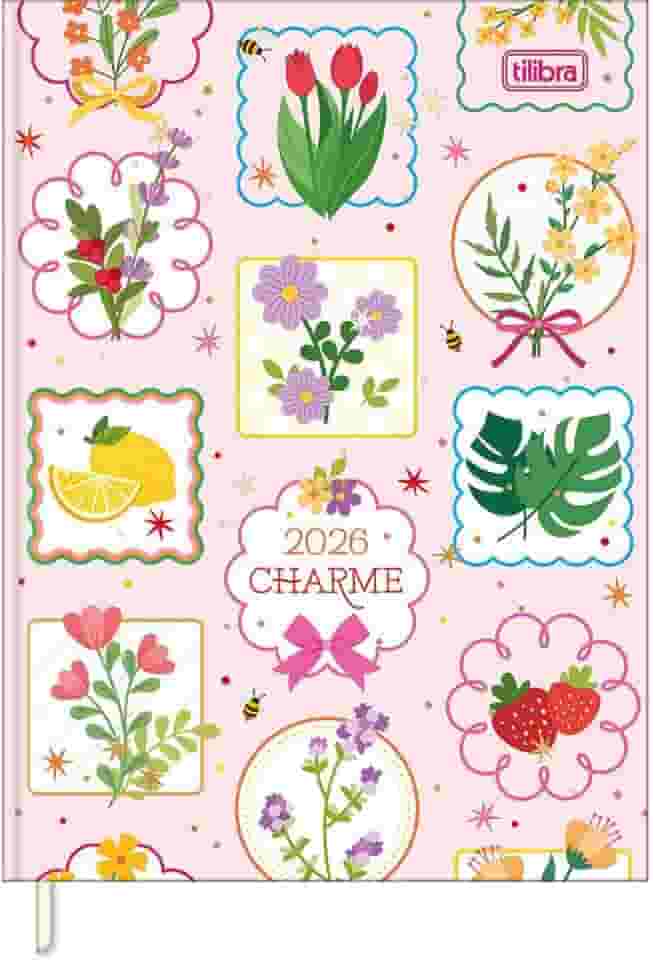 Tilibra - Agenda Costurada Diária 12,3 x 16,6 cm Charme 2026 - Flores - fundo rosa