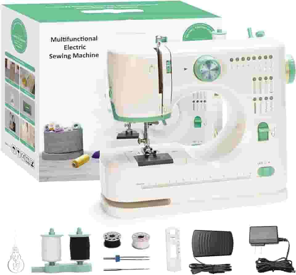 Mini máquina de costura de velocidade dupla, agulha dupla e linha dupla, 16 modos de costura, máquina de costura doméstica para iniciantes, ideal para adultos e iniciantes