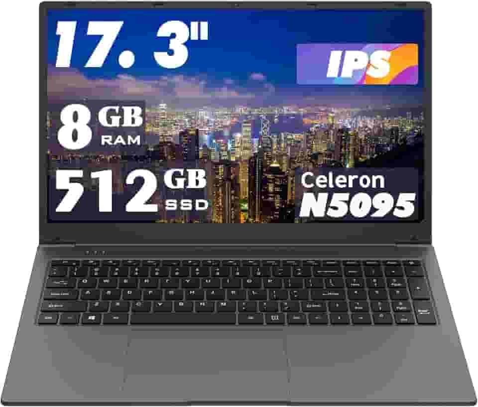 Laptop de 17,3 polegadas: Processador Celeron N5095 (até 2,9 GHz), 8 GB de RAM + 512 GB de armazenamento SSD, SO Win 11, com WiFi, USB 3.0, webcam – Ideal para estudantes e uso comercial
