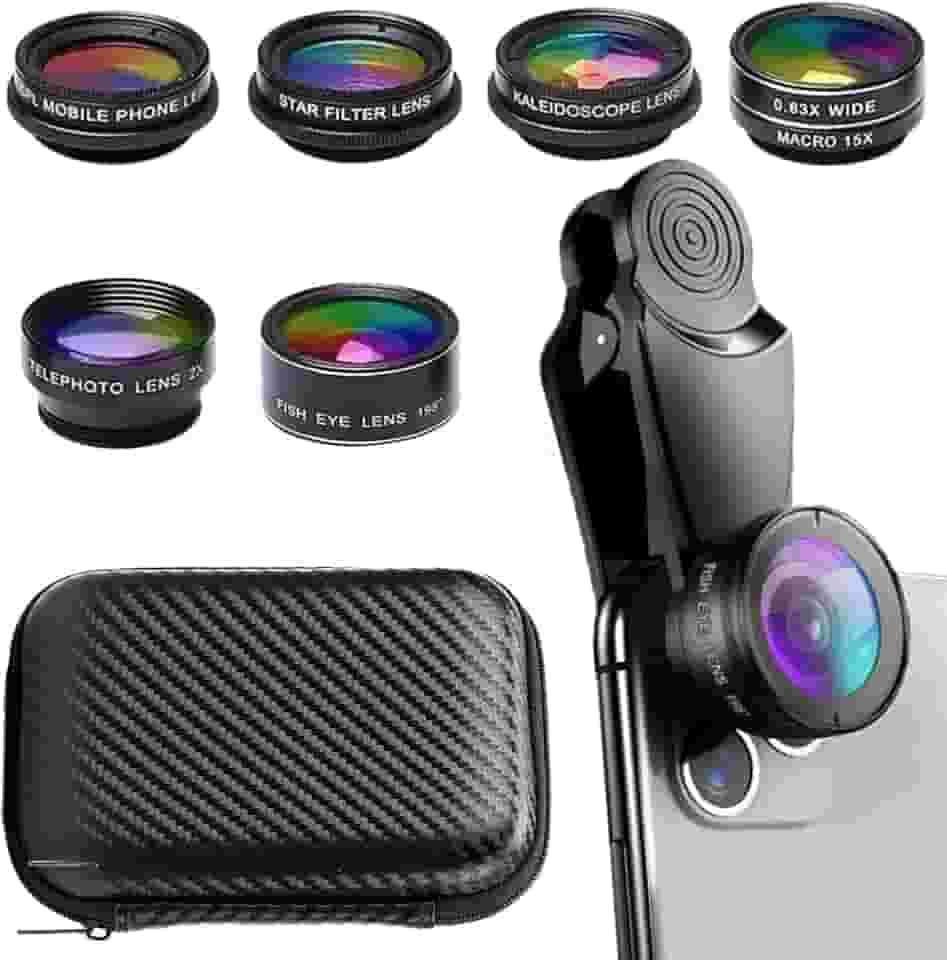 Lente de câmera de celular 7 em 1, kit de lentes para celular, clipe universal, para iPhone, para Samsung, para smartphone Android, em grande angular + macro + olho de peixe + caleidoscópio + filtro