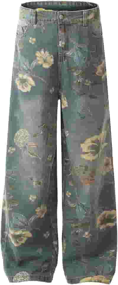 Streetwear Calça jeans floral folgada perna larga Street Y2k calças jeans