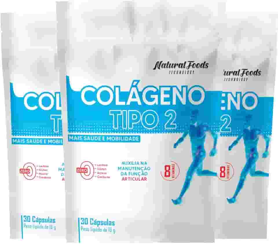 Kit 3x Colageno Tipo 2 Vitaminas Joelho Articulação Collagen Type 2 Refil 30 Cáps Não Desnaturado Proteina 40 mg Rende 90 Doses + Vitamina B1 B2 B6 B12 C E D3 Matéria Prima Importada - Natural Foods