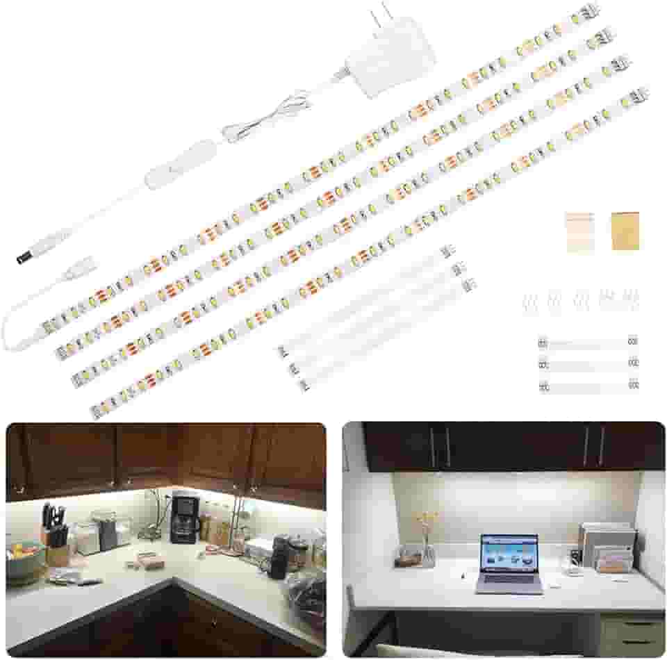 WOBANE Kit de iluminação de LED sob o armário, barra de luzes de fita de LED, luzes sob o balcão para cozinha, armário, mesa, vitrine, prateleira, conjunto de corda de 1,8 m, 120 LEDs, 1200 lm, 6000 K branco, 4 painéis
