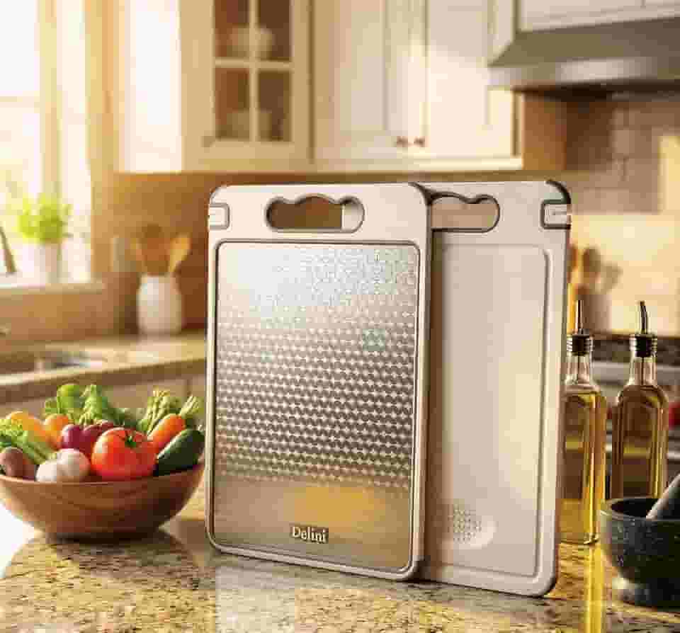 Tábua de Corte 5-em-1 Delini com Lado Aço Inox e Afiador integrado Dupla face