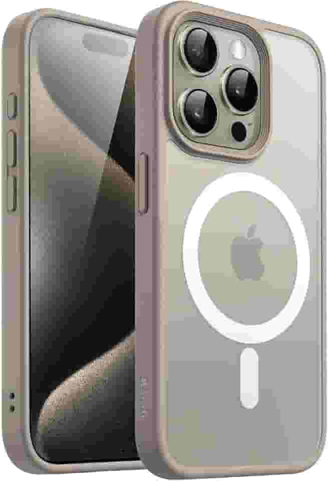 JETech Capa Magnético para iPhone 15 Pro Max 6,7 Polegadas Compatível com MagSafe, Case Translúcido Fosco Verso Fina à Prova de Choque Tampa (Titânio Natural)