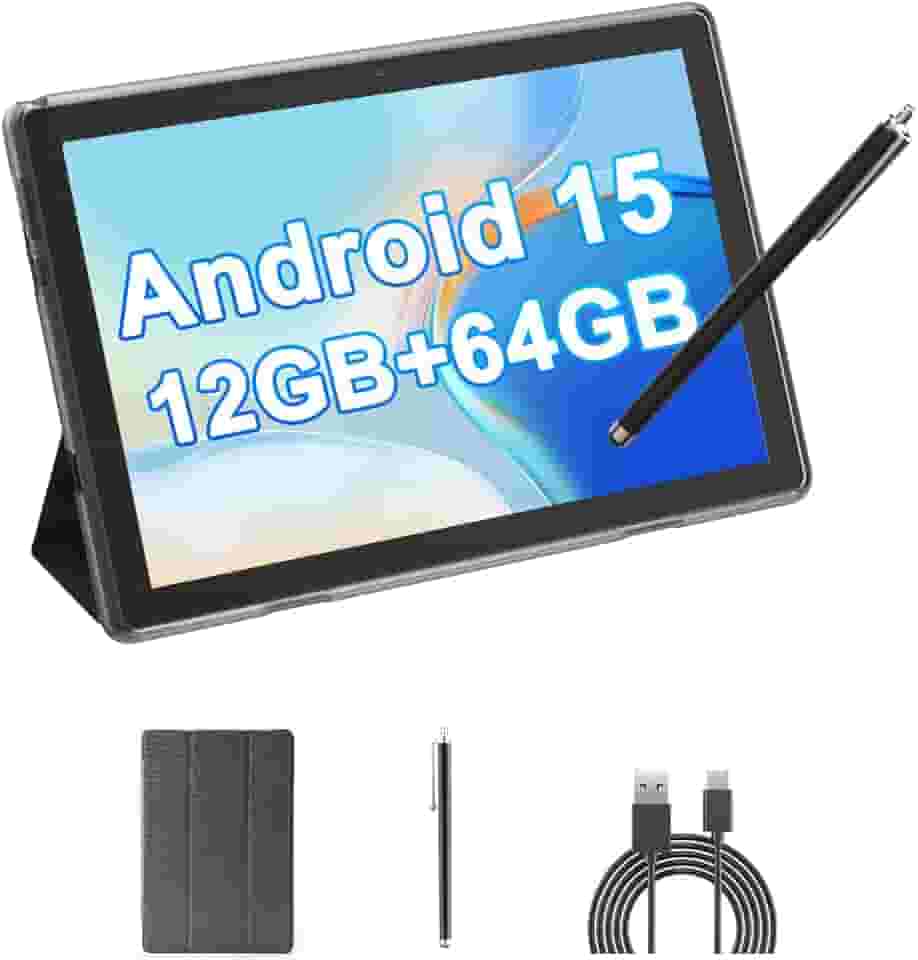 Tablet Android 15 de 10 polegadas, 12 (4 + 8 expansões) GB de RAM + 64 GB de ROM, câmera dupla de 2 + 8 MP, bateria de 6000 mAh (tablet + estojo + caneta) (preto)