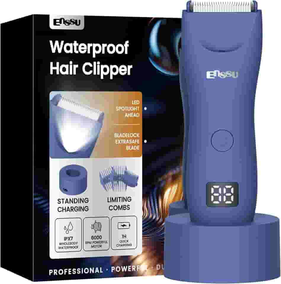 ENSSU Aparador de pelos corporais masculino – Aparador Meridiano à prova d'água com luz LED, motor rápido de 6000 RPM, 5 configurações de comprimento, IPX7 para púbico, peito e bolas (Azul)
