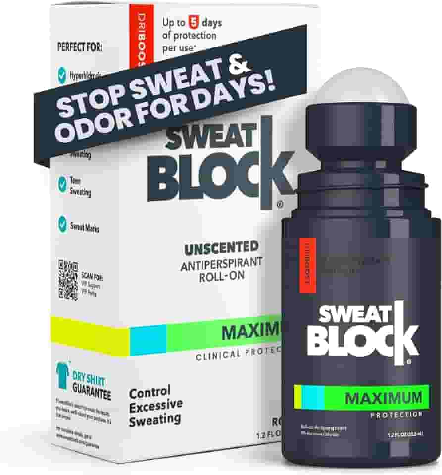 SweatBlock Max Clinical Antiperspirant Roll-On - para Sudorese Excessiva e Hiperidrose - Proteção/Uso Até 7 Dias - Unissex, Sem Perfume - 1,2 Fl Oz