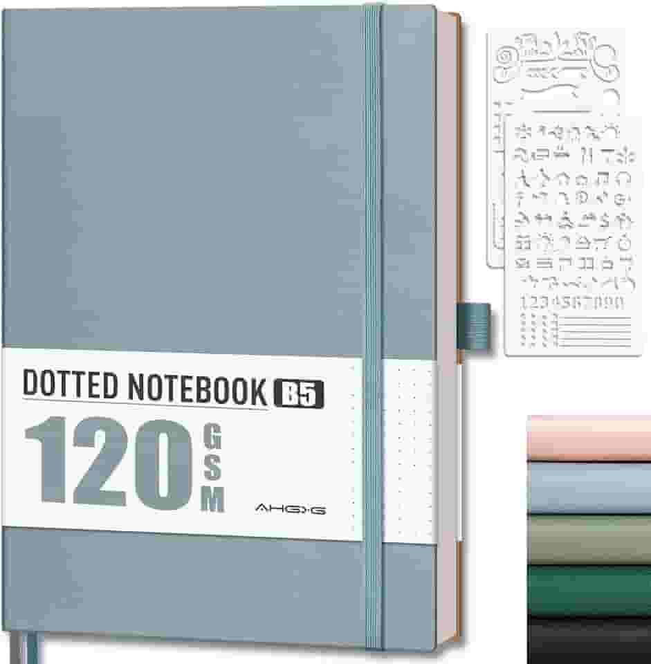 AHGXG Diário pontilhado - Caderno de grade de pontos, papel grosso sem ácido de 120 g/m2, caderno pontilhado B5 grande, 96 páginas, capa macia de couro, bolso interno, estêncil de diário, 19 cm x 25